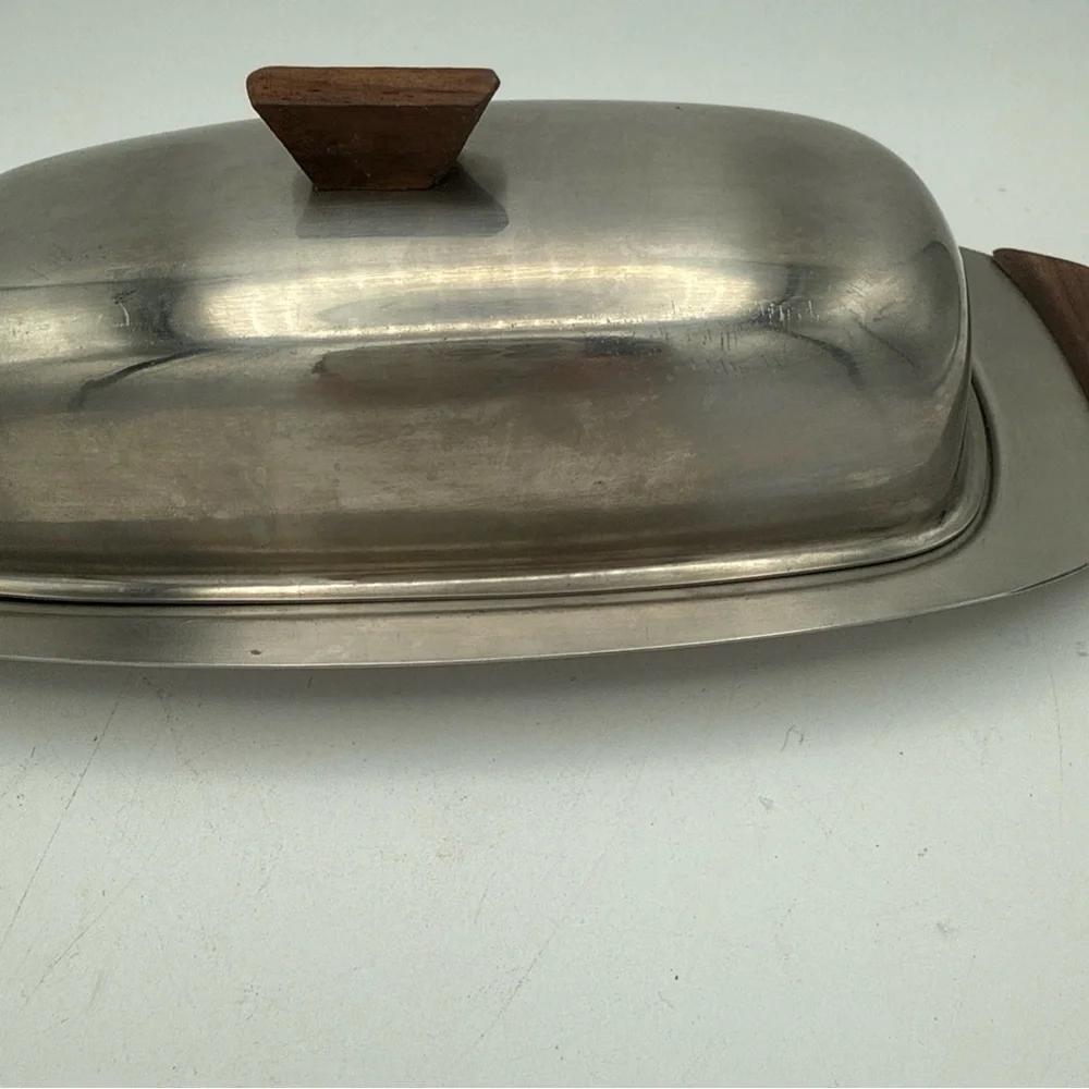 VTG MCM Monarch Mark III 18-8 Stainless Steel Butter Dish Wood Handles Japan